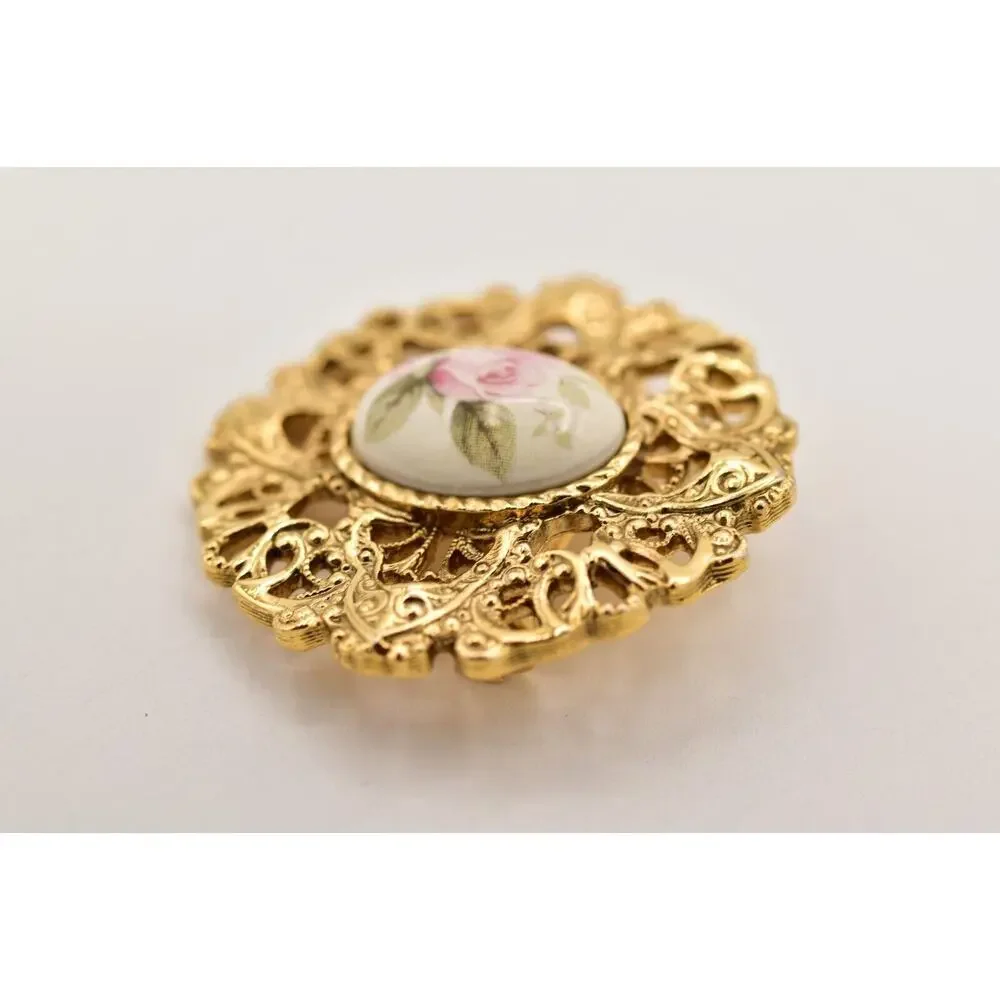 1928 Vintage Brooch Pin Rose Painted Cabochon Antiqued Gold Filigree 1980s BinBG